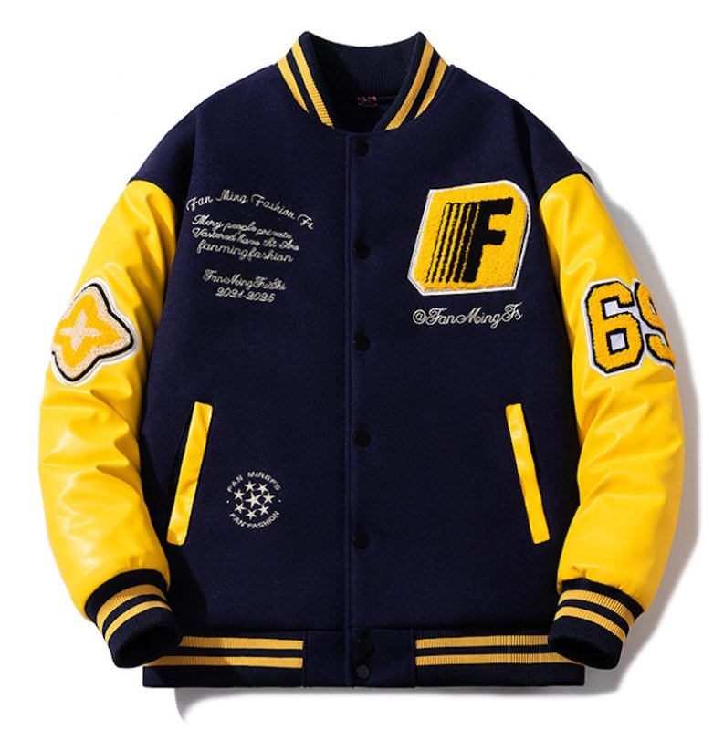 画像1: 69 number and letter logo embroidered patchwork leather sleeves inner lining Stadium jacket　 ユニセックス男女兼用69＆レターロゴ刺繍キルティングインナータスタジャンスタジアムジャンブルゾン (1)