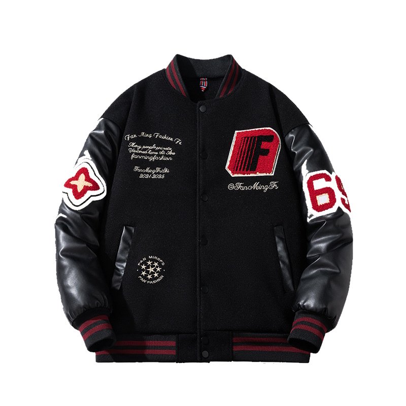 画像4: 69 number and letter logo embroidered patchwork leather sleeves inner lining Stadium jacket　 ユニセックス男女兼用69＆レターロゴ刺繍キルティングインナータスタジャンスタジアムジャンブルゾン (4)