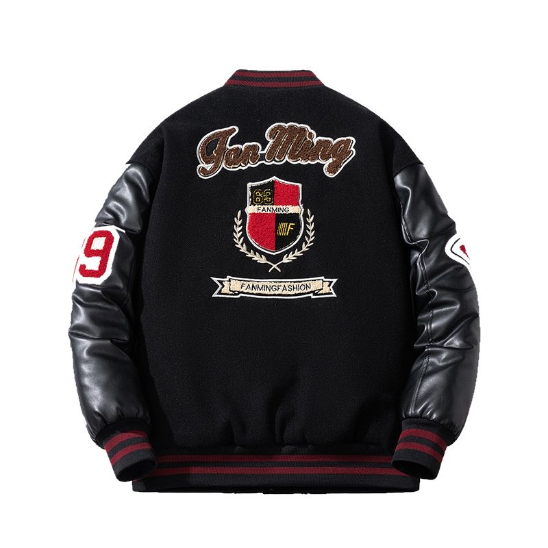 画像2: 69 number and letter logo embroidered patchwork leather sleeves inner lining Stadium jacket　 ユニセックス男女兼用69＆レターロゴ刺繍キルティングインナータスタジャンスタジアムジャンブルゾン (2)