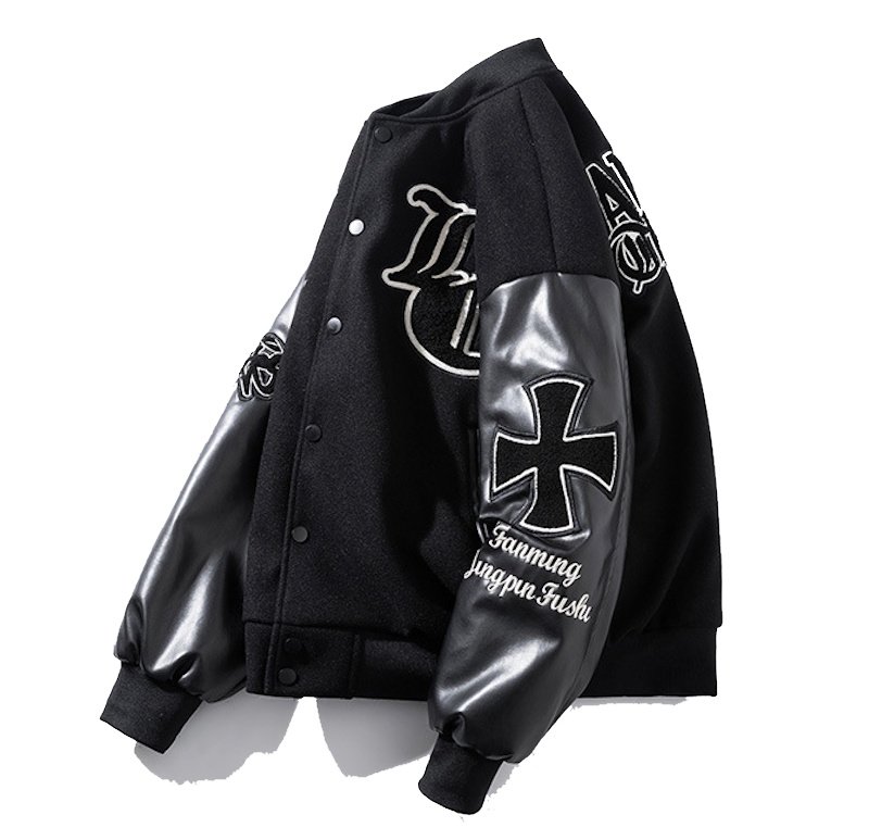 画像4: Letter logo embroidered patchwork leather sleeves inner lining Stadium jacket　 ユニセックス男女兼用レターロゴ刺繍パッチワースキルティングインナータスタジャンスタジアムジャンブルゾン (4)