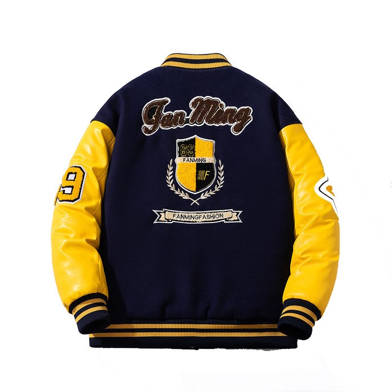 画像3: 69 number and letter logo embroidered patchwork leather sleeves inner lining Stadium jacket　 ユニセックス男女兼用69＆レターロゴ刺繍キルティングインナータスタジャンスタジアムジャンブルゾン (3)