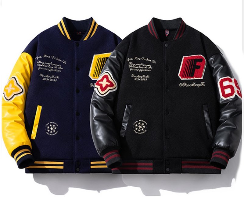 画像5: 69 number and letter logo embroidered patchwork leather sleeves inner lining Stadium jacket　 ユニセックス男女兼用69＆レターロゴ刺繍キルティングインナータスタジャンスタジアムジャンブルゾン (5)