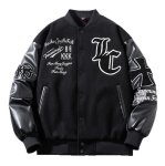 画像1: Letter logo embroidered patchwork leather sleeves inner lining Stadium jacket　 ユニセックス男女兼用レターロゴ刺繍パッチワースキルティングインナータスタジャンスタジアムジャンブルゾン (1)