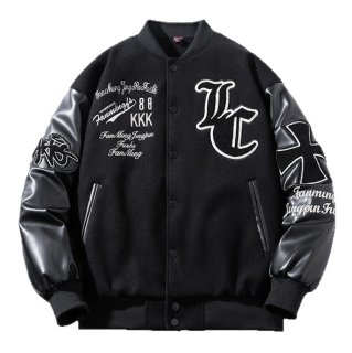 69 number and letter logo embroidered patchwork leather sleeves
