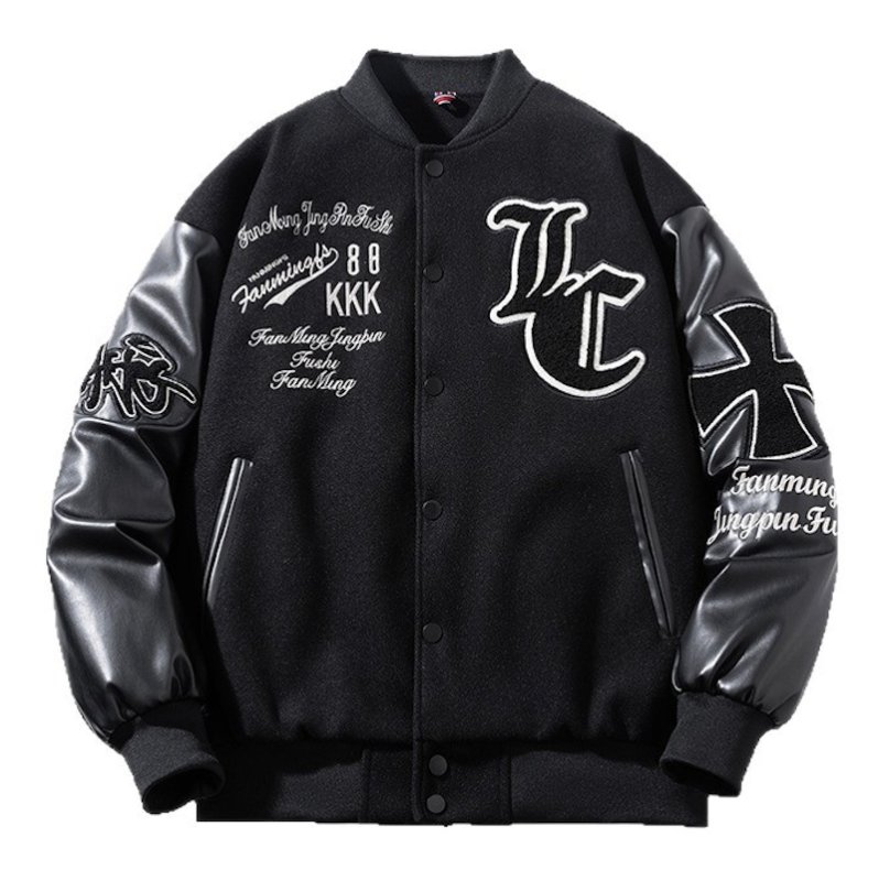 画像1: Letter logo embroidered patchwork leather sleeves inner lining Stadium jacket　 ユニセックス男女兼用レターロゴ刺繍パッチワースキルティングインナータスタジャンスタジアムジャンブルゾン (1)