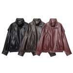 画像4: Faux Leather Bomber Jacket Coat フェイクレザー ボンバー ジャケット コート (4)