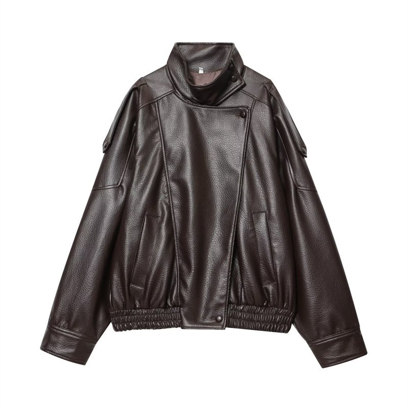 画像2: Faux Leather Bomber Jacket Coat フェイクレザー ボンバー ジャケット コート (2)