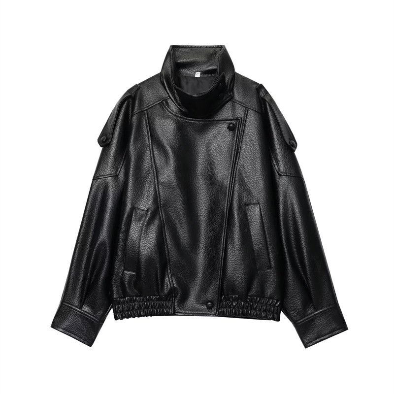 画像1: Faux Leather Bomber Jacket Coat フェイクレザー ボンバー ジャケット コート (1)