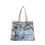 画像1: Unisex decorative chain damage paint denim one handle tote shoulder bag　ユニセックス　男女兼用　デコレイトチェーンダメージペイント  トロンプルイユプリント デニム効果 デニムトートショルダークロスボディースポーツエコバッグ (1)