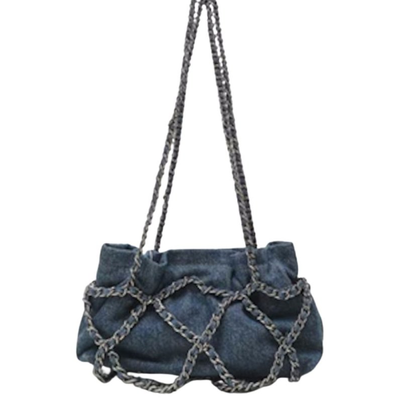 画像1: chain denim shoulder bag Handbag tote bag　ユニセックス男女兼用デニム&チェーンショルダークロスボディートートバッグ (1)
