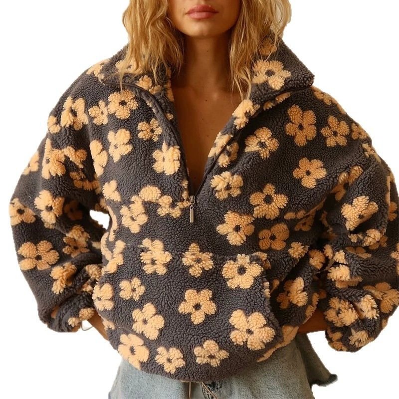 画像1: Floral print fleece jacket with zipper pockets　フリース花柄フラワージップアップジャケットコート (1)