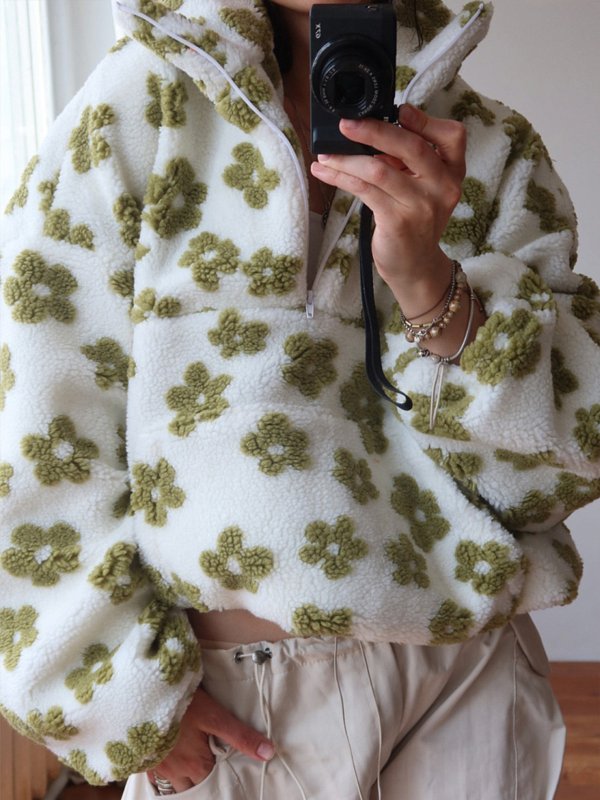 画像10: Floral print fleece jacket with zipper pockets　フリース花柄フラワージップアップジャケットコート (10)