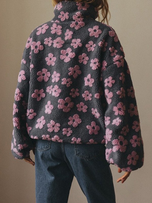 画像9: Floral print fleece jacket with zipper pockets　フリース花柄フラワージップアップジャケットコート (9)