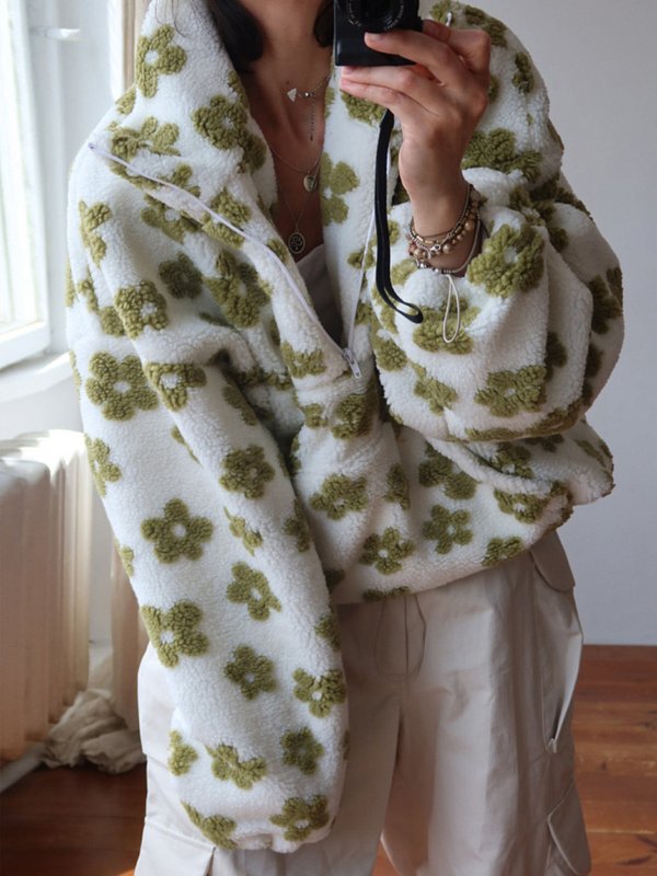 画像11: Floral print fleece jacket with zipper pockets　フリース花柄フラワージップアップジャケットコート (11)