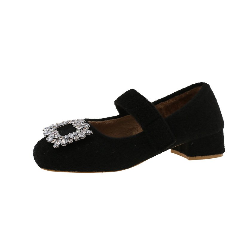 画像1: Women's Velcro square rhinestone buckle pumps　ラインストーン付きベルクロファー  パンプス シューズ  (1)