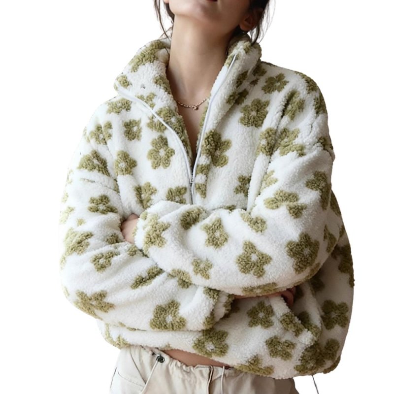 画像3: Floral print fleece jacket with zipper pockets　フリース花柄フラワージップアップジャケットコート (3)
