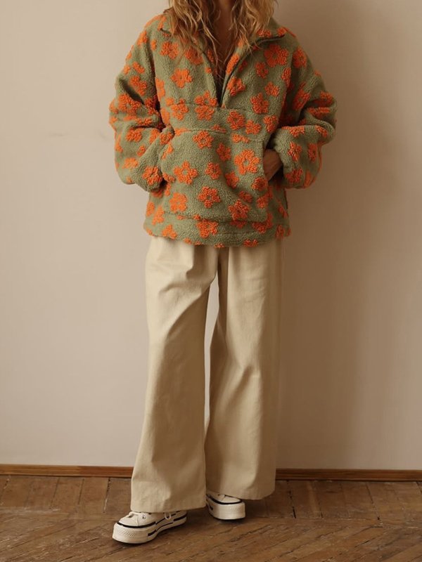 画像7: Floral print fleece jacket with zipper pockets　フリース花柄フラワージップアップジャケットコート (7)