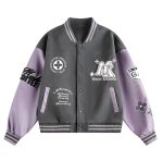 画像1: KK logo emblem embroidery leather sleeves  Stadium jacket　 ユニセックス男女兼用KKレターロゴ刺繍スタジャンスタジアムジャンブルゾン (1)