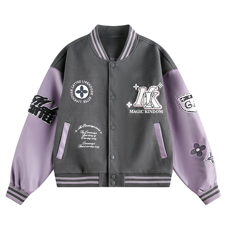 画像1: KK logo emblem embroidery leather sleeves  Stadium jacket　 ユニセックス男女兼用KKレターロゴ刺繍スタジャンスタジアムジャンブルゾン (1)