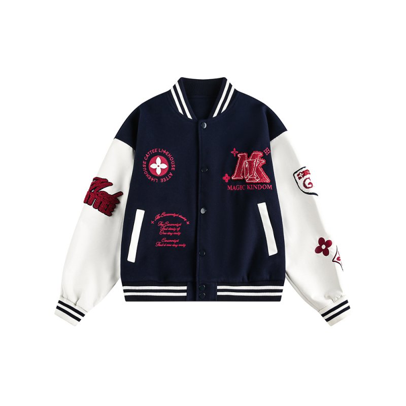 画像3: KK logo emblem embroidery leather sleeves  Stadium jacket　 ユニセックス男女兼用KKレターロゴ刺繍スタジャンスタジアムジャンブルゾン (3)