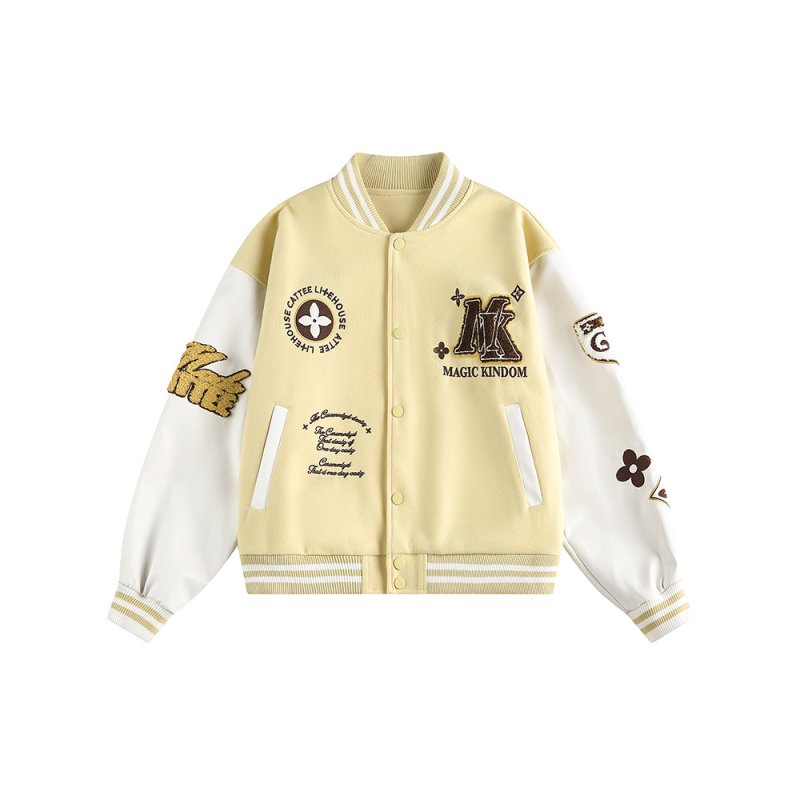 画像2: KK logo emblem embroidery leather sleeves  Stadium jacket　 ユニセックス男女兼用KKレターロゴ刺繍スタジャンスタジアムジャンブルゾン (2)