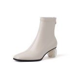 画像2: Women's Leather Pearl Heels Ankle Boots 本革 パール クリスタルソール アンクル ブーツ ショートブーツ  ブーティー (2)