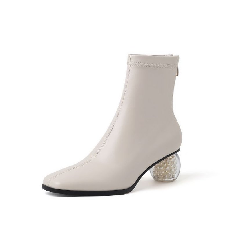 画像2: Women's Leather Pearl Heels Ankle Boots 本革 パール クリスタルソール アンクル ブーツ ショートブーツ  ブーティー (2)