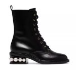 画像1: Women's Leather Pearl Casati Combat Laceup Boots 本革 ブラック パール コンバット ブーツ ショートブーツ  ブーティー (1)