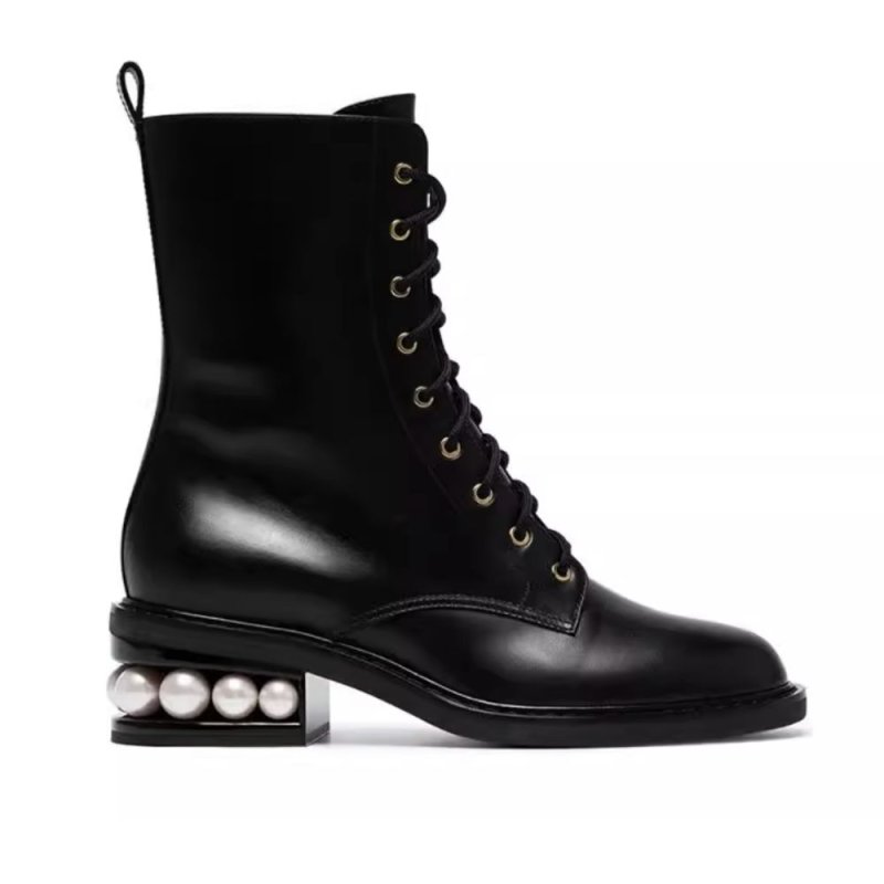 画像1: Women's Leather Pearl Casati Combat Laceup Boots 本革 ブラック パール コンバット ブーツ ショートブーツ  ブーティー (1)