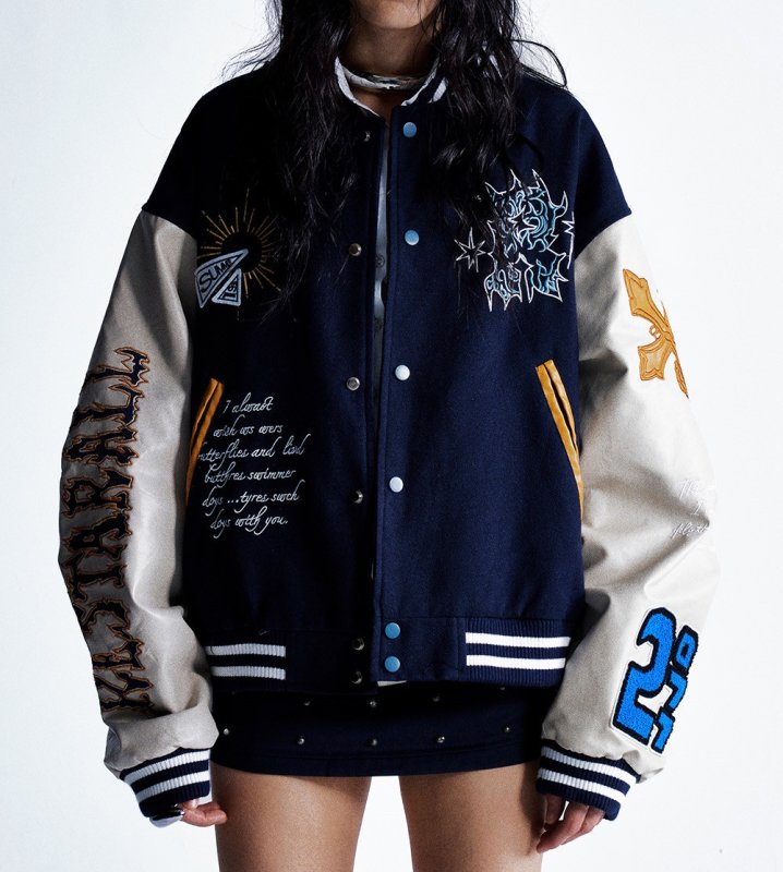 画像8: American street fashion patchwork sleeve embroidery totem retro baseball jacket Stadium jacket　 ユニセックス男女兼用パッチワーク袖刺繍トーテムレトロスタジャンスタジアムジャンブルゾン (8)