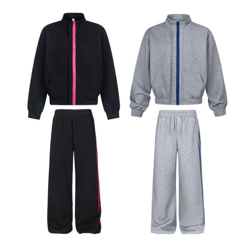 画像3:  Unisex Three Stripes Stand Collar Sweatshirt & PantsJacket + Pant ユニセックス 男女兼用  スタンドカラージバック3ラインジップアップ セットアップ 上下 (3)