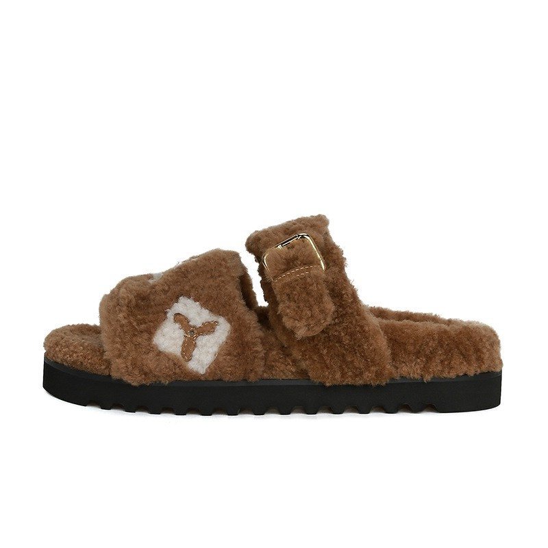 画像1: Unisex Platform fur logo sandal slippers 男女兼用 厚底ファー ＆ロゴ モコモコ サンダル スリッパ  (1)