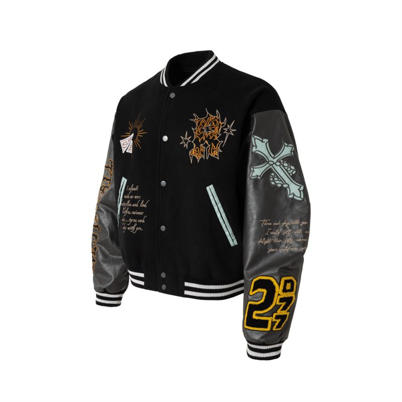 画像4: American street fashion patchwork sleeve embroidery totem retro baseball jacket Stadium jacket　 ユニセックス男女兼用パッチワーク袖刺繍トーテムレトロスタジャンスタジアムジャンブルゾン (4)