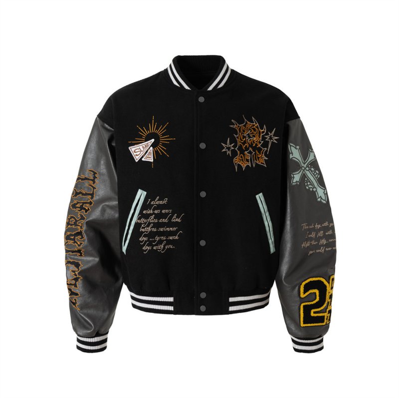 画像2: American street fashion patchwork sleeve embroidery totem retro baseball jacket Stadium jacket　 ユニセックス男女兼用パッチワーク袖刺繍トーテムレトロスタジャンスタジアムジャンブルゾン (2)