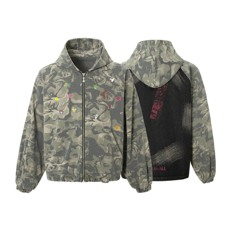 画像1: Mint Cat Stitch Graffiti Camouflage Hoodie Jacket Coat　 ユニセックス男女兼用ミントカモフラージュグラフィックポイントフーディジャケットブルゾン (1)