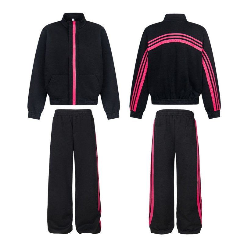 画像1:  Unisex Three Stripes Stand Collar Sweatshirt & PantsJacket + Pant ユニセックス 男女兼用  スタンドカラージバック3ラインジップアップ セットアップ 上下 (1)