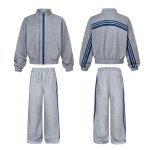 画像2:  Unisex Three Stripes Stand Collar Sweatshirt & PantsJacket + Pant ユニセックス 男女兼用  スタンドカラージバック3ラインジップアップ セットアップ 上下 (2)