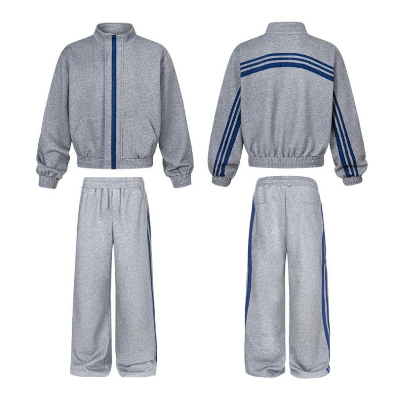 画像2:  Unisex Three Stripes Stand Collar Sweatshirt & PantsJacket + Pant ユニセックス 男女兼用  スタンドカラージバック3ラインジップアップ セットアップ 上下 (2)