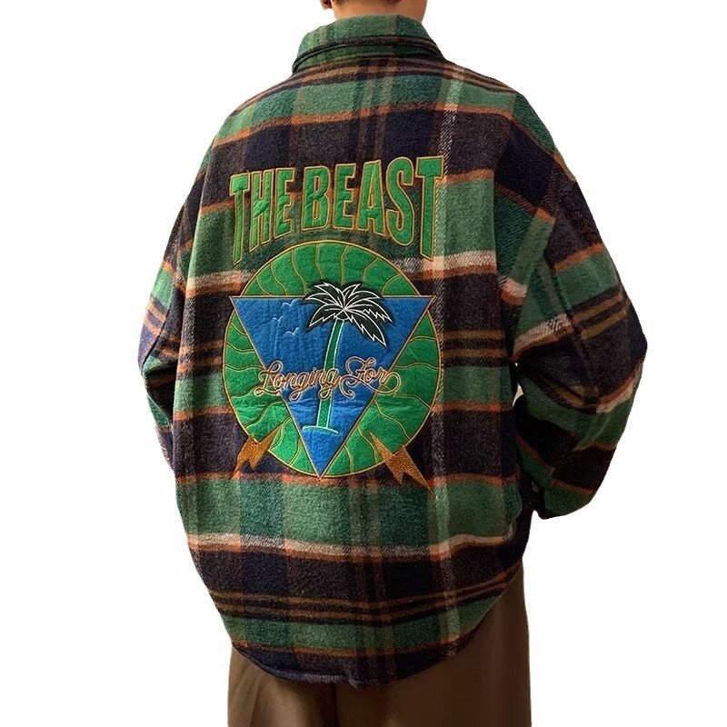 画像7: Men's Unisex embroidered checkered heavy shirt jacket long-sleeved shirts ユニセックス 男女兼用ユニセックスイラスト刺繍 チェック厚手シャツジャケット (7)