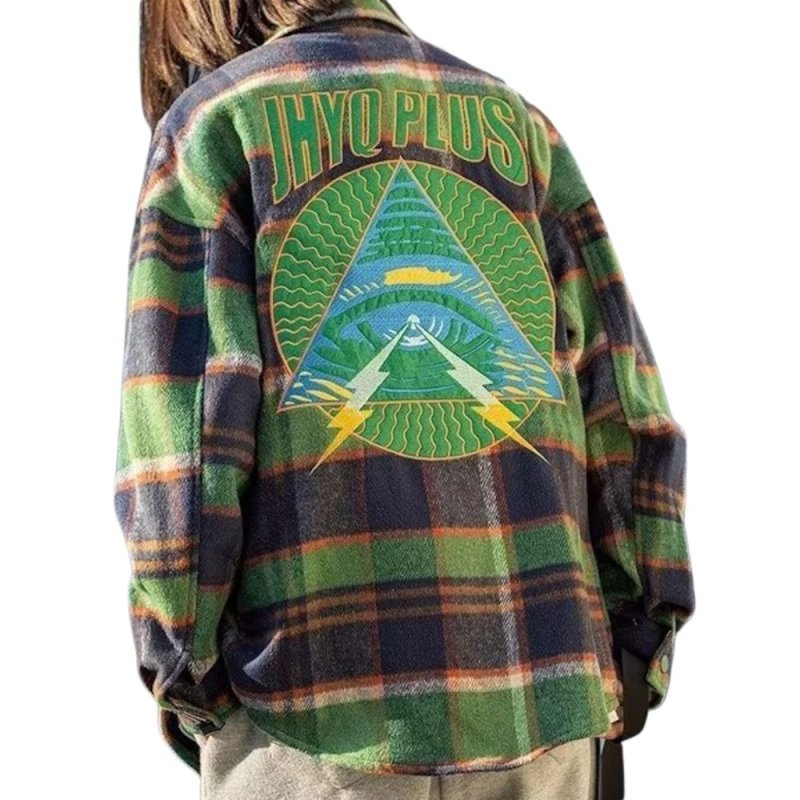 画像2: Men's Unisex embroidered checkered heavy shirt jacket long-sleeved shirts ユニセックス 男女兼用ユニセックスイラスト刺繍 チェック厚手シャツジャケット (2)