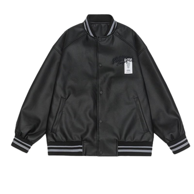 画像5: PU leather alphabet logo embroidered baseball jacket　 ユニセックス男女兼用PUレザー アルファベットロゴ刺繍スタジャンスタジアムジャンブルゾン (5)