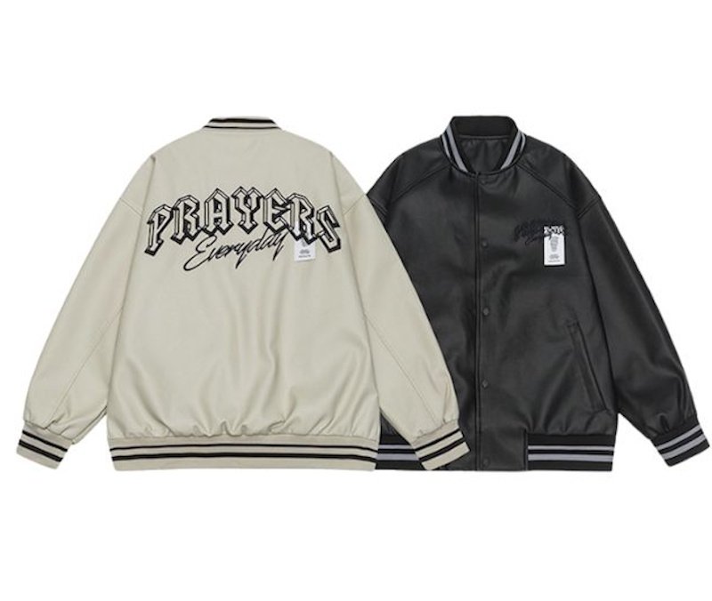 画像1: PU leather alphabet logo embroidered baseball jacket　 ユニセックス男女兼用PUレザー アルファベットロゴ刺繍スタジャンスタジアムジャンブルゾン (1)