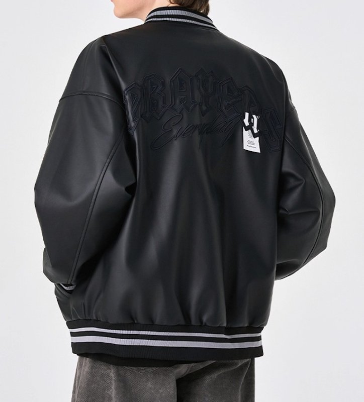 画像9: PU leather alphabet logo embroidered baseball jacket　 ユニセックス男女兼用PUレザー アルファベットロゴ刺繍スタジャンスタジアムジャンブルゾン (9)