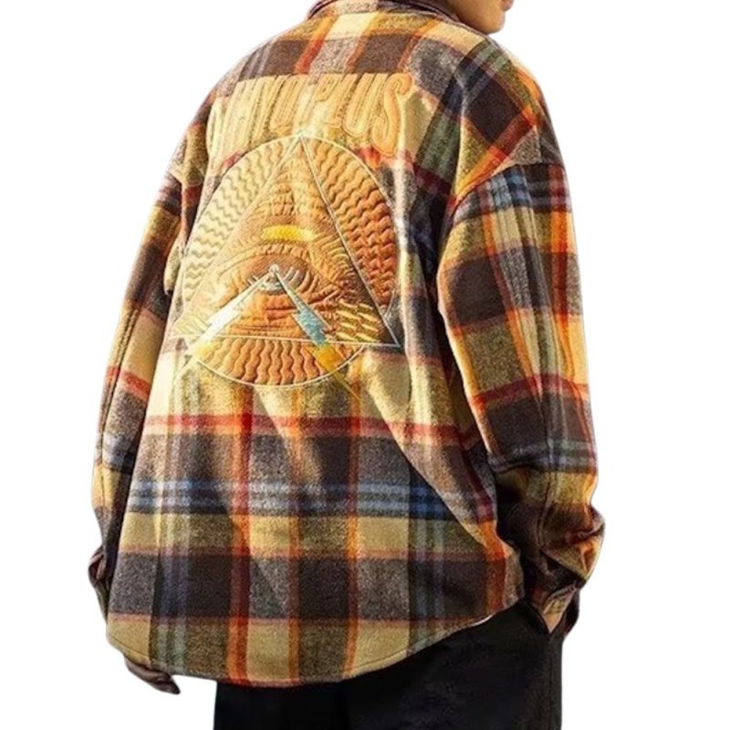 画像3: Men's Unisex embroidered checkered heavy shirt jacket long-sleeved shirts ユニセックス 男女兼用ユニセックスイラスト刺繍 チェック厚手シャツジャケット (3)