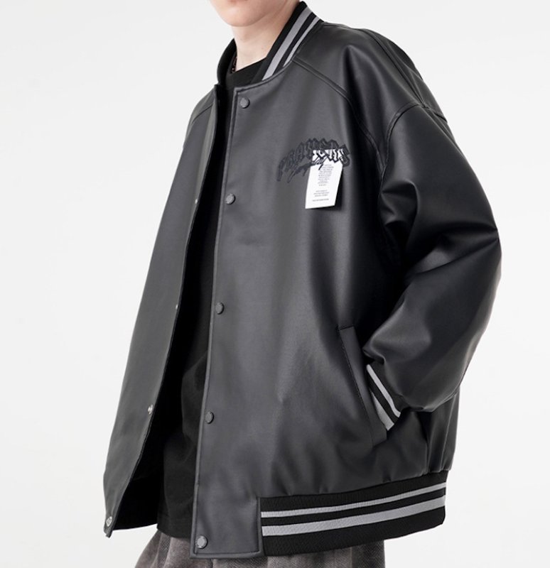 画像8: PU leather alphabet logo embroidered baseball jacket　 ユニセックス男女兼用PUレザー アルファベットロゴ刺繍スタジャンスタジアムジャンブルゾン (8)