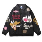 画像1: 25 Bugs Bunny & Looney Tunes Leather Zip Up Oversized Leather Jacket baseball uniform Vintage jacket blouson ユニセックス 男女兼用 オーバーサイズ レザー バックスバニー ＆ ルーニーテューンズ ヴィンテージ加工 レザージップアップジャケット スタジアムジャンパー スタジャン ブルゾン (1)