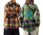 画像1: Men's Unisex embroidered checkered heavy shirt jacket long-sleeved shirts ユニセックス 男女兼用ユニセックスイラスト刺繍 チェック厚手シャツジャケット (1)