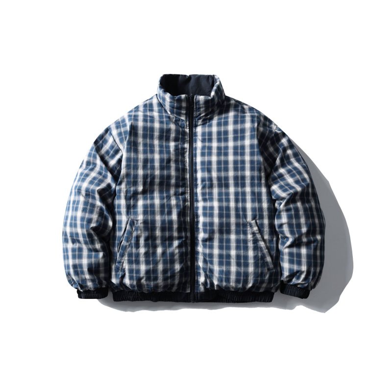 画像2: Navy blue x color block check pattern reversible stand collar zip-up down jacket blouson ユニセックス 男女兼用ネイビーブルー×カラーブロックチェック柄リバーシブルスタンドカラージップアップダウンコートブルゾン (2)