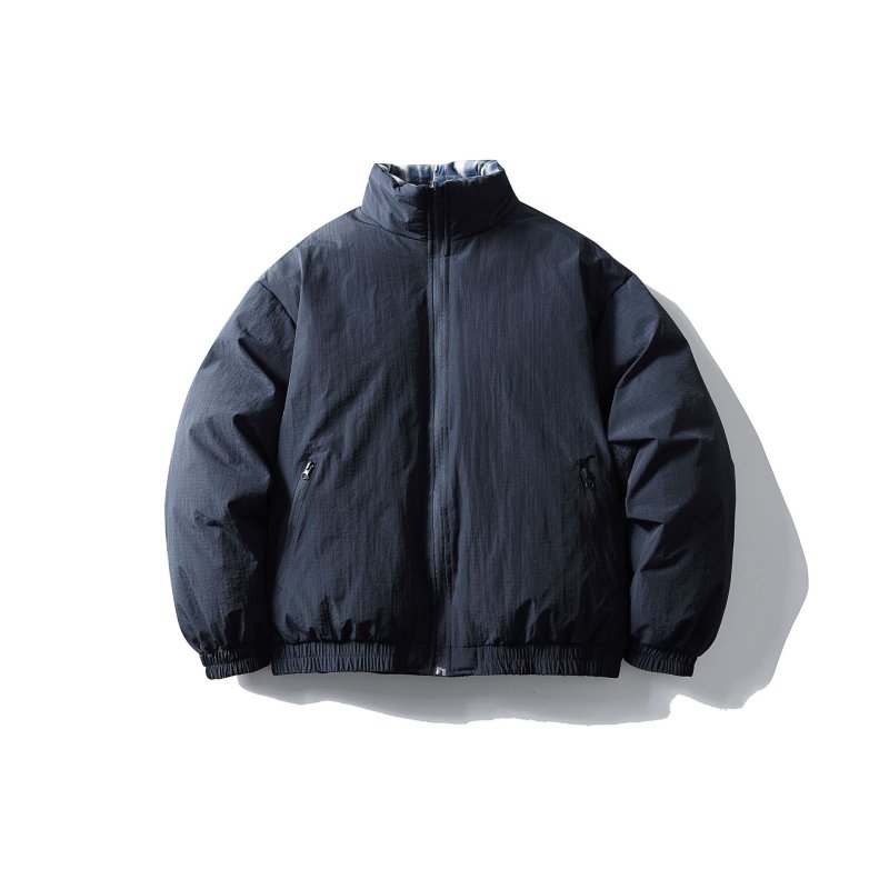 画像3: Navy blue x color block check pattern reversible stand collar zip-up down jacket blouson ユニセックス 男女兼用ネイビーブルー×カラーブロックチェック柄リバーシブルスタンドカラージップアップダウンコートブルゾン (3)