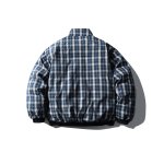 画像4: Navy blue x color block check pattern reversible stand collar zip-up down jacket blouson ユニセックス 男女兼用ネイビーブルー×カラーブロックチェック柄リバーシブルスタンドカラージップアップダウンコートブルゾン (4)
